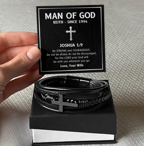 Multilayer Mens Bracelet , Genuine Leather with Cross, Christian Bracelet