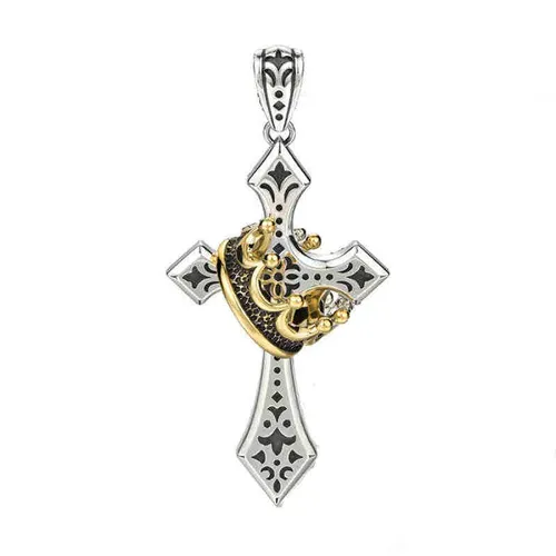 Two-Tone Silver & Gold Cross Necklace with Vintage Crown Accent - Stylish Engraved Fashion Jewelry for Men & Women