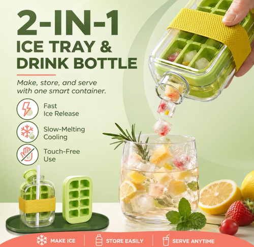 2 in 1 Ice Cube Bottle with Straw,Portable Ice Cube Tray Built in Ice Mold Cup,Press to Release Touch Free Ice Tray Leak Proof Lid for Outdoor Office Travel Home Essential (Pink, 17 OZ)