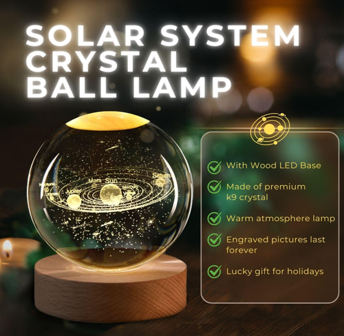 3D Solar System Crystal Ball Night Light   LED Light Hologram Glass Lamp with Solid Wood Base, USB Powered Crystal Ball Lamp w Adjustable Brightness for Home Decor Display Gift,2.4inch