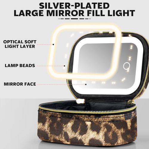 Leopard Print Mini Travel Makeup Bag with LED Light Mirror, 500mah Rechargeable Touch Dimmable Beauty Storage Pouch for Travel, Travel Cosmetic Bag
