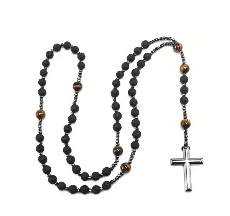 Rosary Style Black Volcanic Stone Yellow Tiger Eye Gallstone Cross Pendant