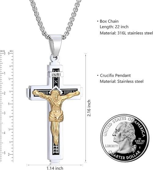 Cross Necklace for Men, Stainless Steel Chain, Silver Toned Pendant, Christian Religious Jewelry