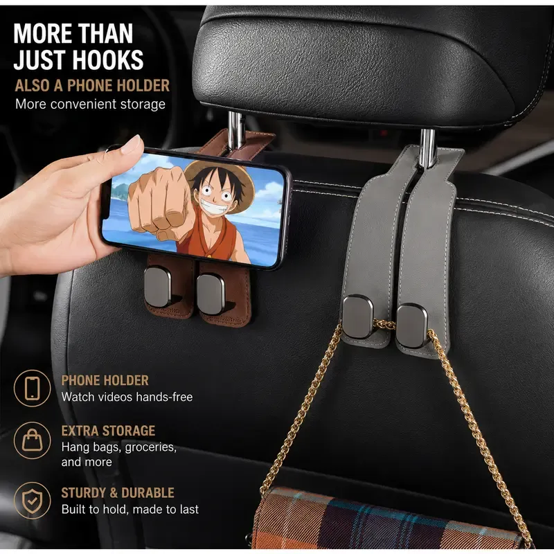 Multifunctional Dual-Hook Car Seat Mount with Phone Holder and Split Storage – Suede-Finish Interior Accessory