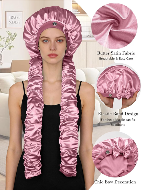 Heatless Curl Satin Bonnet for Sleeping, No Slip Sleep Bonnet with Long Curling Ribbons for Braids & Long Hair