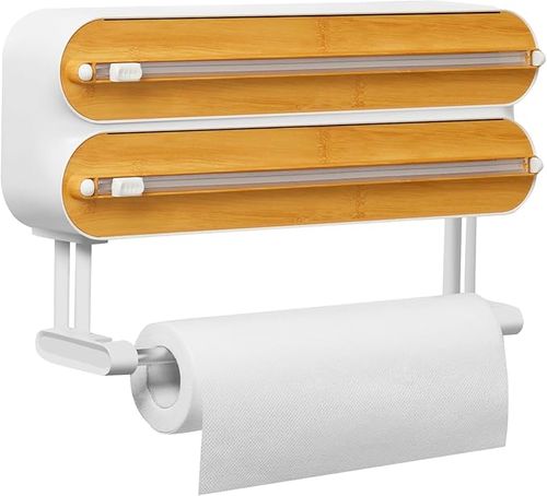 Magnetic Plastic Wrap Dispenser with Cutter - Quasziwa Refillable Tin Foil and Plastic Wrap Organizer for Kitchen, Aluminum Foil Dispenser with Paper Towel Holder Wall Mount