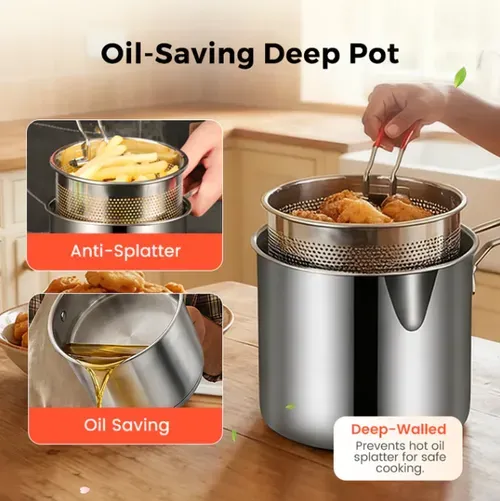 Deep Fryer Pot 304 Stainless Steel Frying Pan with Strainer Basket and Handle, Portable Mini Long Handle Fryer Pan, with Strainer for Home