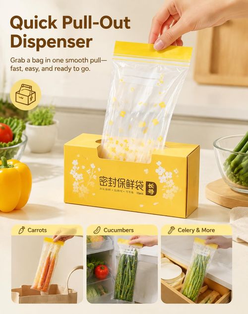 Thickened, elongated, self-sealing bags for kitchen use—suitable for freezing or refrigerating items like scallions.