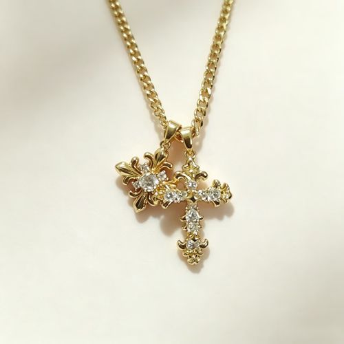 Gold Silver Double Cross Necklace Gothic Double Cross Pendant Necklace Dainty Zircon Cross Charm Link Chain Choker Religious Gifts Faith Jewelry Christmas Halloween Birthday Trend Jewelry Gift