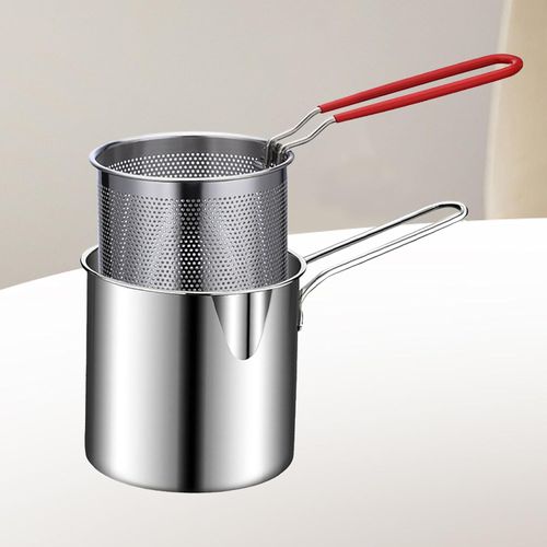 Deep Fryer Pot 304 Stainless Steel Frying Pan with Strainer Basket and Handle, Portable Mini Long Handle Fryer Pan, with Strainer for Home