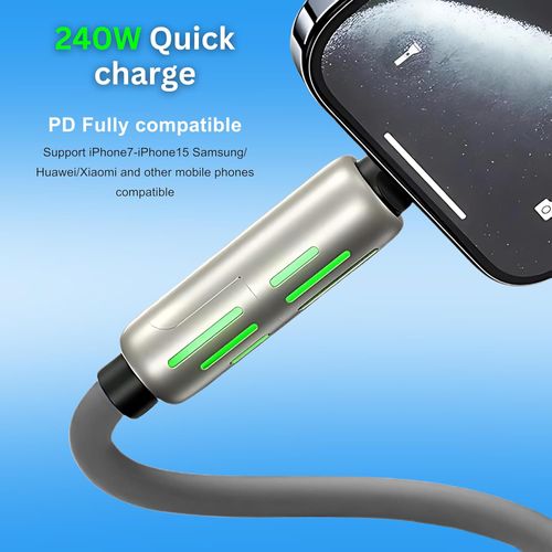 4 in1 Multi Charger Cable, PD 240W with Dual USB-C & USB-A Ports | 1.5m, Metal Ports with Breathing Light Compatible with iPhon14,16 Android Samsung Galaxy MacBook iPad Android devices (Black)