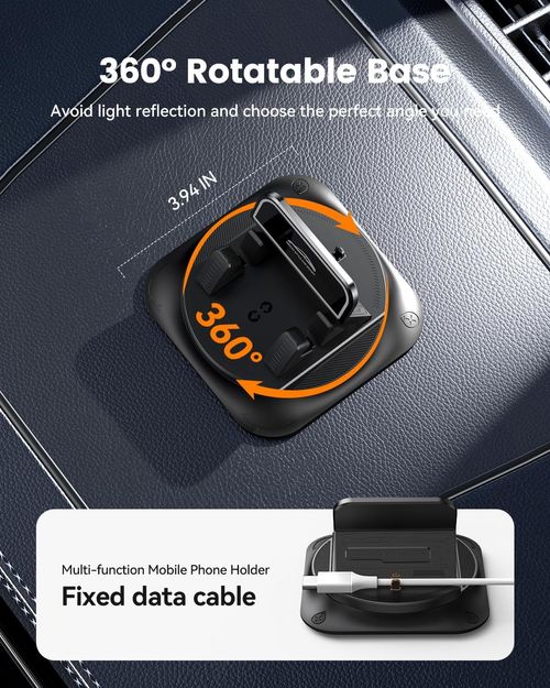 360 Degree Rotation Dashboard Phone Holder for Car, Anti-Slip Grips & One-Hand Operation Car Cell Phone Mount with Adjustable Spring Clip, Compatible with iPhone Samsung All Smartphones