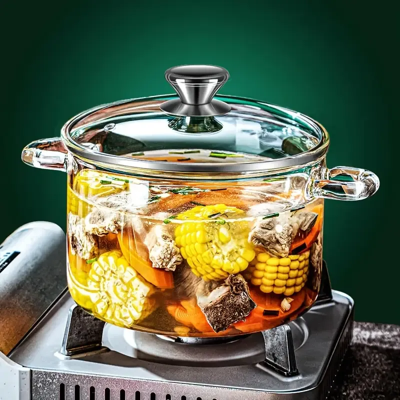 Glass casserole dish for cooking, made of high borosilicate glass, with lid and handle. This heat-resistant glass cooking pot is suitable for pasta, soup, milk, and other foods, and is safe for use in the refrigerator and microwave.