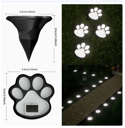 Solar-Powered LED Dog Paw Print Lawn Lights — Outdoor Rainproof Garden & Courtyard Decorative Ground Stakes — Realistic Paw Print Pathway Lights — Solar LED Outdoor In-Ground Garden & Yard Lighting