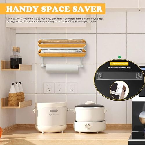 Magnetic Plastic Wrap Dispenser with Cutter - Quasziwa Refillable Tin Foil and Plastic Wrap Organizer for Kitchen, Aluminum Foil Dispenser with Paper Towel Holder Wall Mount