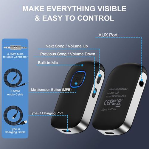 Bluetooth Car Receiver, 3.5mm AUX Bluetooth Adapter with Noise Cancellation, Wireless Audio Receiver for Home Stereo Wired Headphones, Hands-Free Calling, 16H