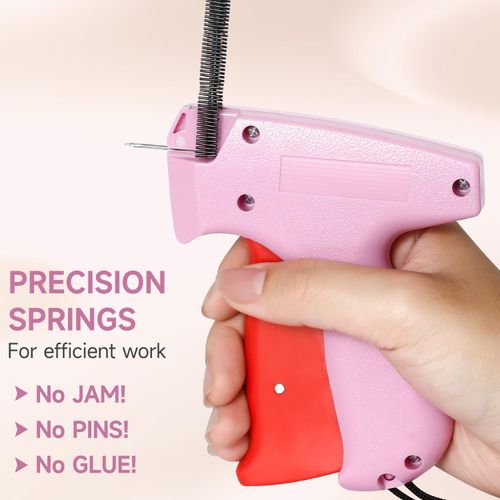 Stitch Gun for Clothes, Tagging Gun for Clothing, Handheld Quick Sticky Sewing Micro Tag Gun Fixer Hemming Pants Tool Instantly, Includes 6 Needles and 500 Fasteners (Pink)