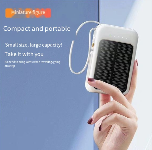 Compact and portable 20,000mAh solar power bank with built-in cables.