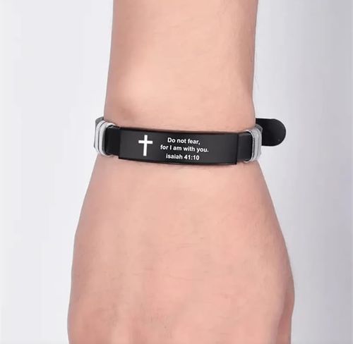 Silicone Bracelet with Cross and Isaiah 41:10 Scripture, Black, Adjustable Wristband, Religious Faith Jewelry