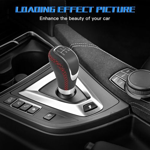 Black Universal 5 Speed Car Gear Lever Shifter Manual Stick Shift Knob PU Leather with Hole Red Stitches