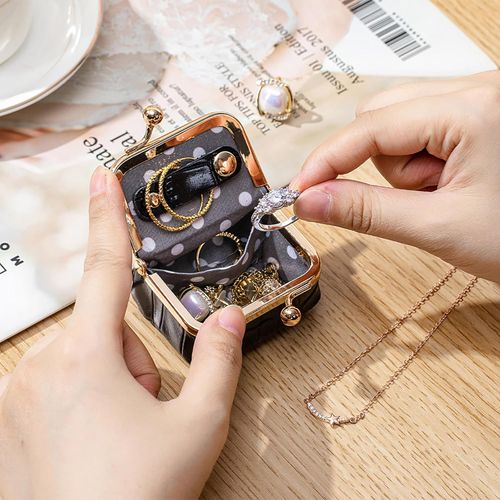 Genuine Cow Leather Mini Jewelry Box & Coin Purse for Women, Travel Jewelry Case with Kiss Lock, Holds Earrings, Rings, Necklace, Bracelet, Coins (Black Crocdile Pattern)