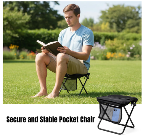 Pocket Chair Folding for Adult - Foldable Handbag Camping Stool for Travel Fishing Hiking Queue Up Outdoor Activities, Portable Compact Stool with Carry Pouch for Storage (11 x 9.1 Inch)