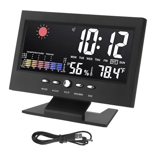 Digital Weather Clock with Bar Display, Electronic Temperature Clock, Colored Digital Alarm Clock with Temperature and Humidity Monitor, Alarm Function and Countdown