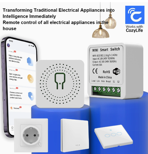 WiFi Mini Smart Switch Module (In-Wall Box Mount) – Cozylife Remote Control, Timer, and App Support