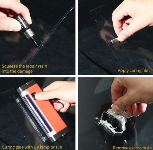 Windshield Crack Repair Kit, DIY Glass Repair Resin for Chips,Curing Films, Scraper, Quick Fix, Saves Cost, Portable, for Laminated Auto Glass