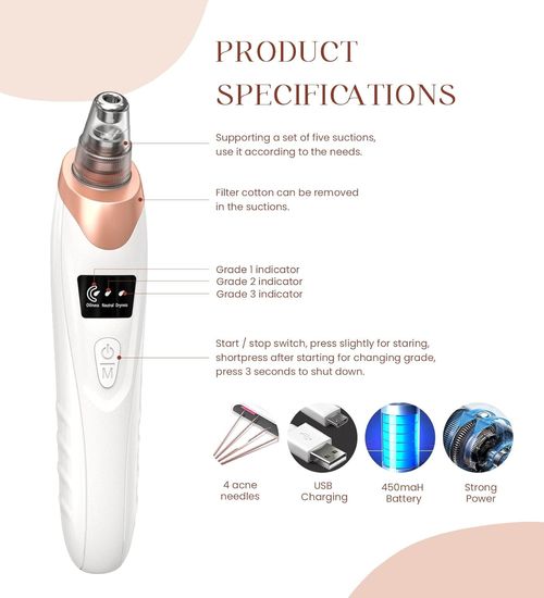 2026 Pore Vacuum, USB Rechargeable Blackhead Remover Vacuum,3 Levels Adjustable Pore Vacuum Blackhead Remover, with 5 Suction Power,Face Vacuum Pore Cleanser for Women & Men-White