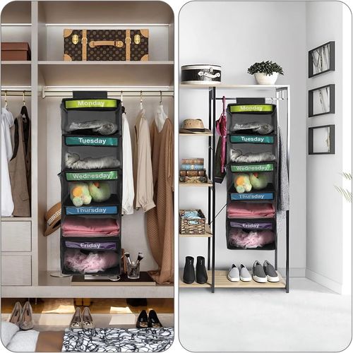 5-Shelf Weekly Clothes Organizer for Kids,Day of the Week Clothes Organizer,Dividers School Clothes Organizer Day of Week,Dorm Room Essential Daily Shelf Hanging Closet Organizer with 6 Side Pockets