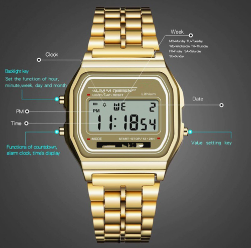 F91W Steel Strap LED Electronic Watch, Ultra-thin Gold and Silver Cold Light Watch, Harajuku Style Fashionable Multifunctional Watch