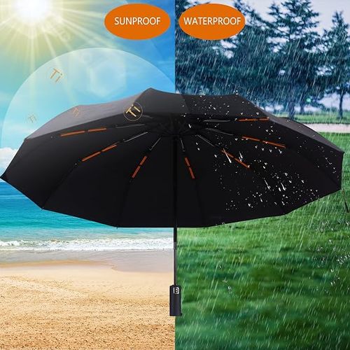Travel Folding Umbrella, 10 Ribs Automatic Open, Lightweight Compact Portable Backpack Car Parasol Outdoor, Sun or Rain, Anti 99 UV Protection UPF 50, Men Women Carabiner Handle Design