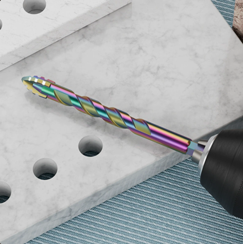 Titanium-plated four-bladed serrated drill bit, 12mm, specifically for drilling into ceramic tiles, marble, and concrete.