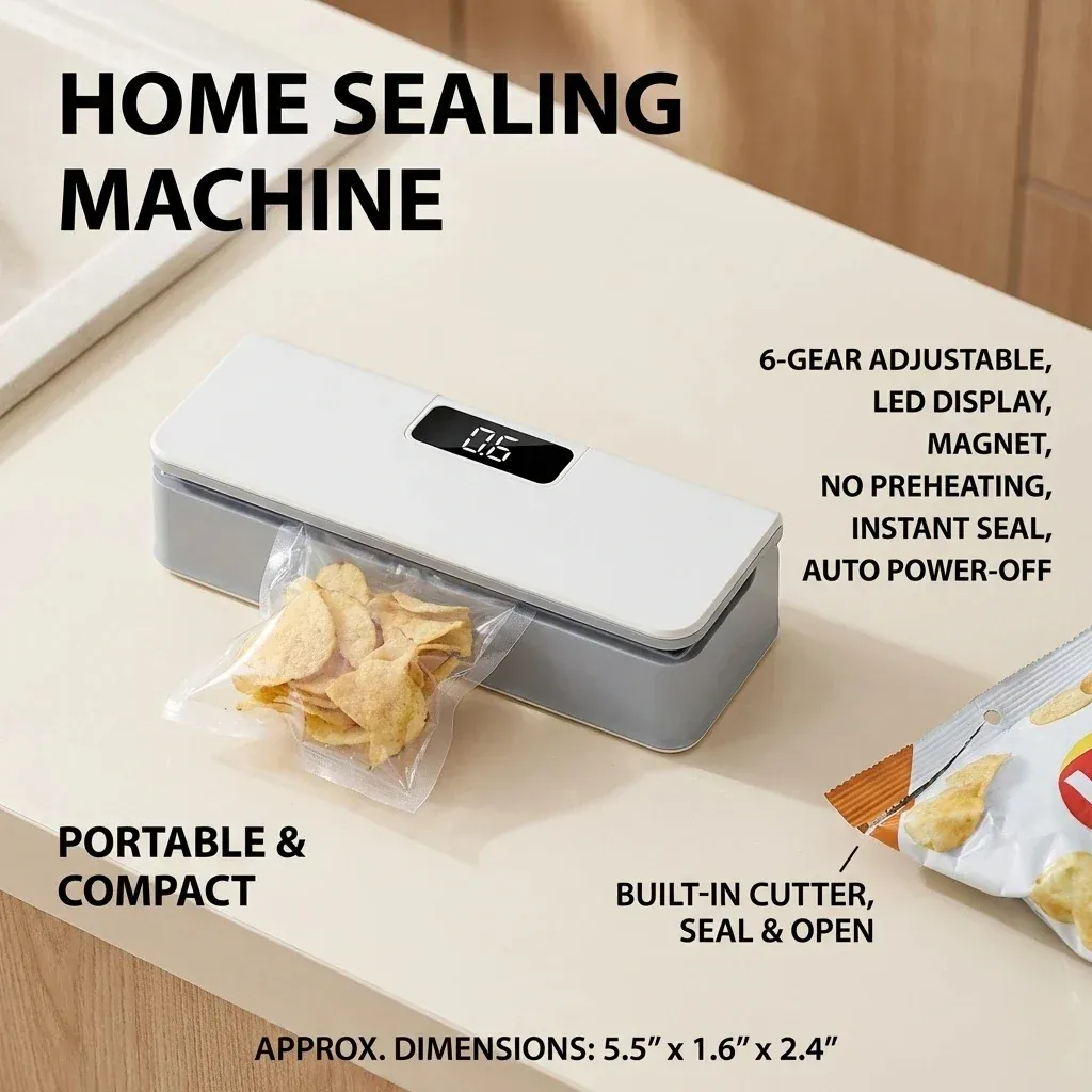 Mini Bag Sealer with LED Display Rechargeable Handheld Heat Sealer for Plastic Snack and Coffee Bags Airtight Resealer for Food Storage Home Kitchen Camping and Travel Use USB Charging Portable Tool