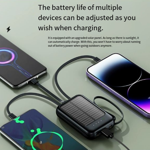 Compact and portable 20,000mAh solar power bank with built-in cables.