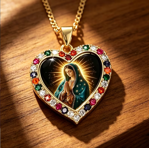 Virgin Mary Birthstones inlay Daily prayer Pendant necklace with gift box