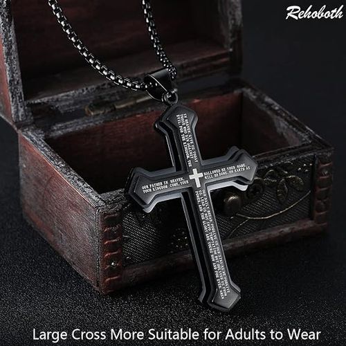 Men's Stainless Steel Nail Lord's Prayer Cross Pendant Necklace for Men | Large Pendant and Strong 24 Inch Chain