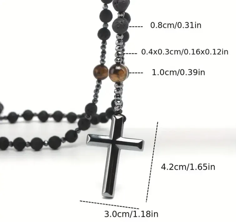 Rosary Style Black Volcanic Stone Yellow Tiger Eye Gallstone Cross Pendant