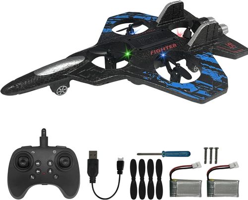 RC Airplane for Kids and Beginners, 2.4GHz Foam Drone Remote Control Airplane Outdoor Flying Toy, 360° Drop-Resistant Stunt Spin Remote Fighter Jet with Lights (Blue)