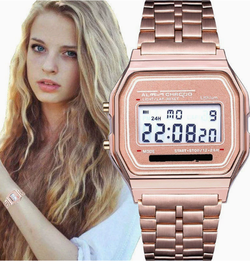 F91W Steel Strap LED Electronic Watch, Ultra-thin Gold and Silver Cold Light Watch, Harajuku Style Fashionable Multifunctional Watch