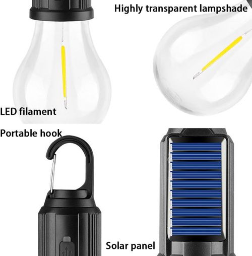 Solar Rechargeable Hooked Camping Light, Solar Rechargeable Light Bulbs, USB Charging Tungsten Light Bulb Solars Lights with Power Display, LED Tent Lights with IPX4 Waterproof