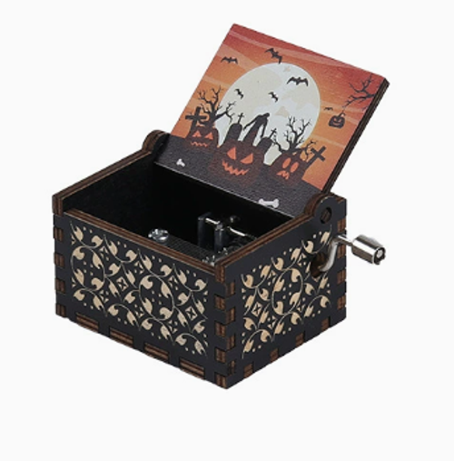 Halloween Exclusive! Classic Carved DIY Wooden Music Box — Hand-Cranked Craft Gift
