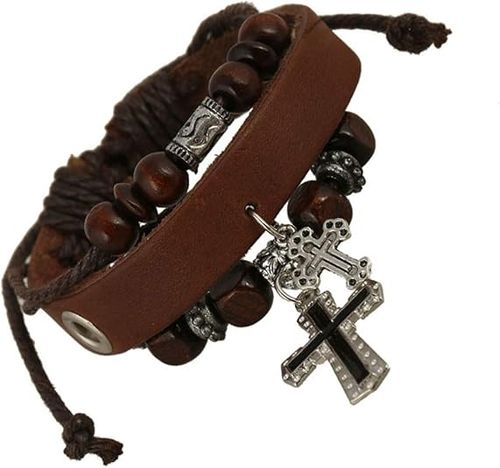 Handmade Leather Bracelets Set for Men and Women Vintage Cross Beaded Braided Black Punk Adjustable Wrap Cuff Bracelet