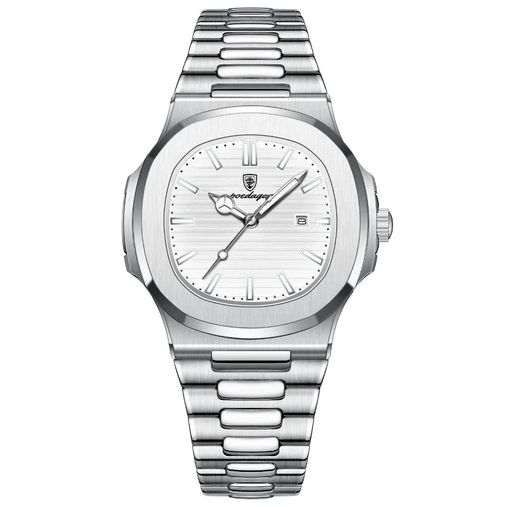 POEDAGAR Square Men Waterproof Luminous Date Stainless Steel Quartz Watch