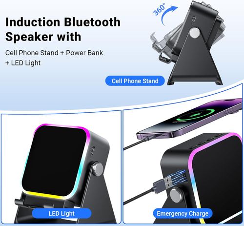 Induction Speaker with Phone Stand — Wireless Bluetooth Induction Audio for iPhone & Android — Amplifier Speaker with Charging and Color Lighting Functions