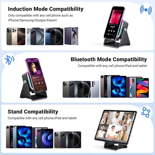 Induction Speaker with Phone Stand — Wireless Bluetooth Induction Audio for iPhone & Android — Amplifier Speaker with Charging and Color Lighting Functions