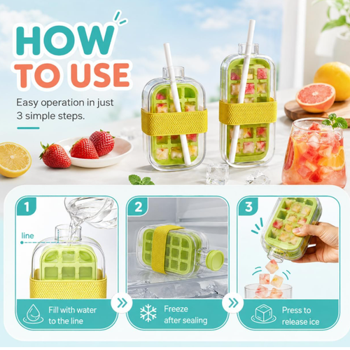 2 in 1 Ice Cube Bottle with Straw,Portable Ice Cube Tray Built in Ice Mold Cup,Press to Release Touch Free Ice Tray Leak Proof Lid for Outdoor Office Travel Home Essential (Pink, 17 OZ)
