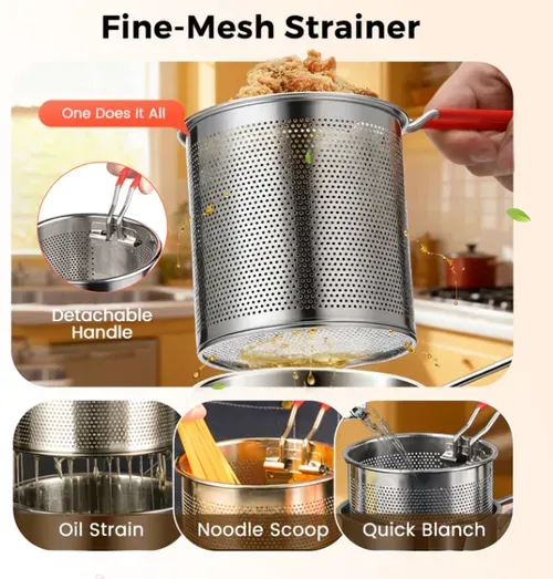 Deep Fryer Pot 304 Stainless Steel Frying Pan with Strainer Basket and Handle, Portable Mini Long Handle Fryer Pan, with Strainer for Home