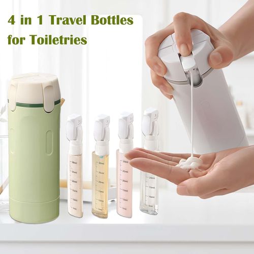 4-in-1 Travel Size Toiletries Bottles - Refillable, Leakproof, Portable Shampoo, Lotion, Conditioner, and Cream Containers - Transparent Design with Measurement Markings and Labels